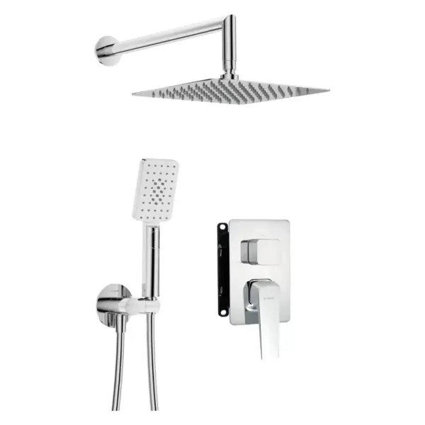 Seinasisese segistiga dušikomplekt koos BOX-paigalduskorpuse, kandilise 250 × 250 mm üladuši ja 3-režiimilise käsidušiga Deante Blur, kroom