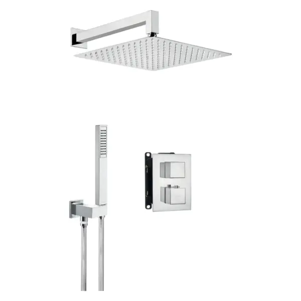 Seinasisese termostaatsegistiga dušikomplekt koos BOX-paigalduskorpuse, kandilise 300 × 300 mm üladuši ja käsidušiga Deante Therm, kroom