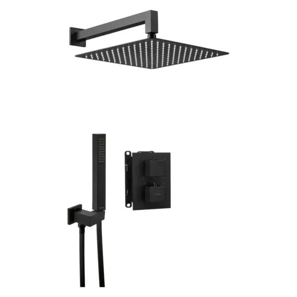 Seinasisese termostaatsegistiga dušikomplekt koos BOX-paigalduskorpuse, kandilise 300 × 300 mm üladuši ja käsidušiga Deante Therm, matt must