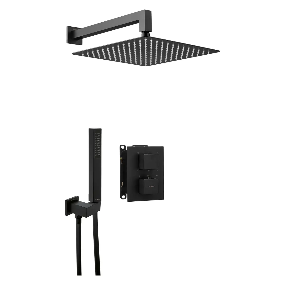 Seinasisese termostaatsegistiga dušikomplekt koos BOX-paigalduskorpuse, kandilise 300 × 300 mm üladuši ja käsidušiga Deante Therm, matt must