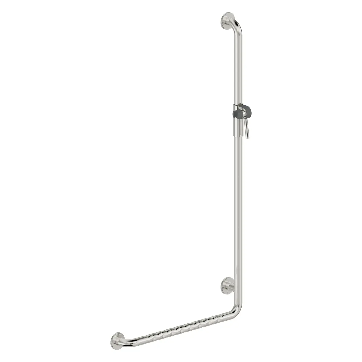 Parempoolne L-kujuline tugikäepide dušiotsiku hoidjaga Deante Lehnen 127×67 cm, poleeritud teras/antratsiit