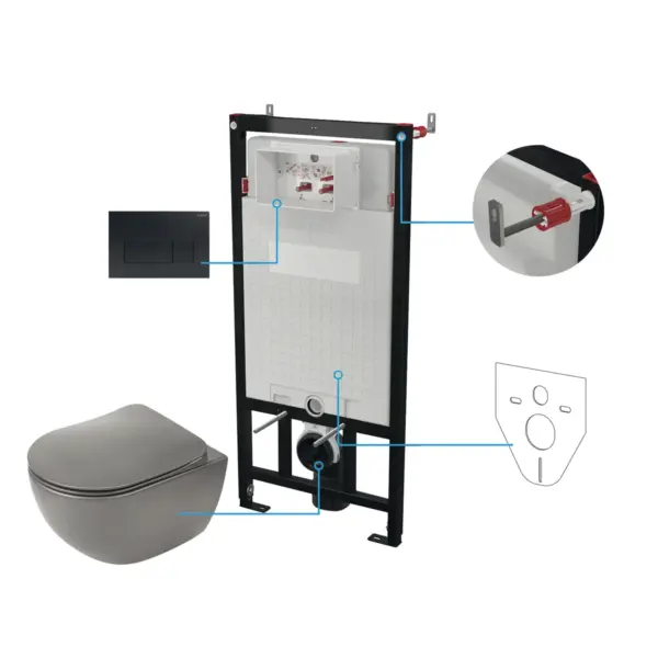 Seinasisene WC-poti komplekt Deante Peonia 6-ühes, must/titaan/antratsiit